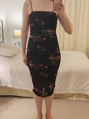 Black Floral Slip Midi Dress with Spaghetti Straps